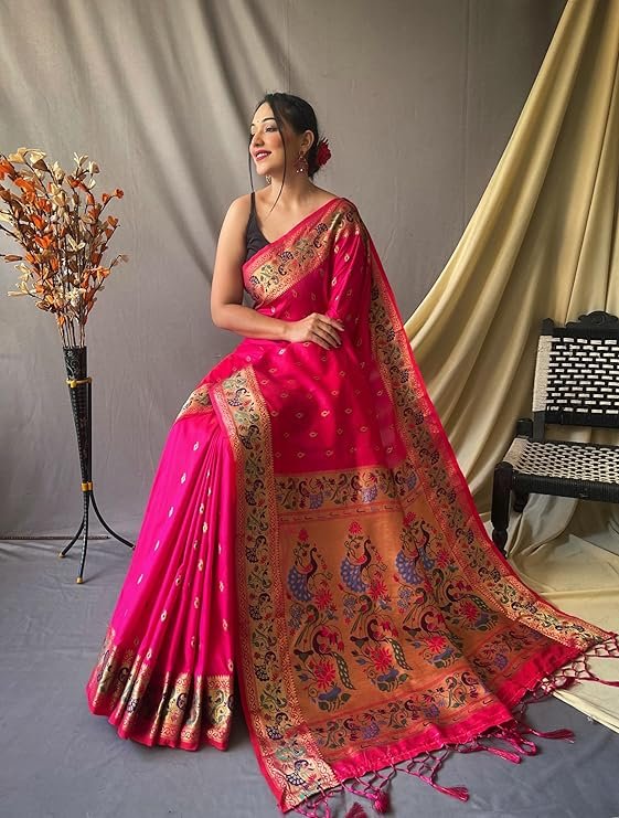 Pink Banarasi Silk Saree for Women with Golden Zari Border