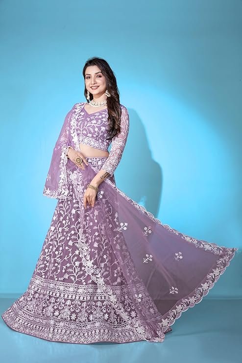 Lehenga set for Women Net Embroidered Semi Stitched Lehenga for Women Wedding Multi Niddle Work Ethnic Traditional Party Lehenga Choli with Dupatta | Free Size - Image 4