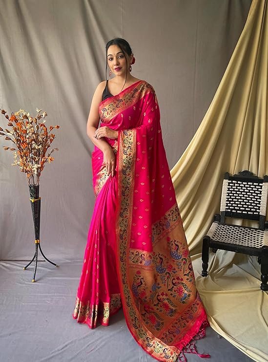 Pink Banarasi Silk Saree for Women with Golden Zari Border