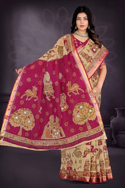 Women's Beige Banarasi Silk Saree with Magenta Pallu | Wed Couture