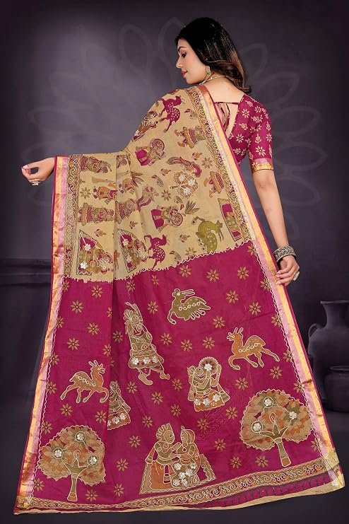 Women's Beige Banarasi Silk Saree with Magenta Pallu | Wed Couture