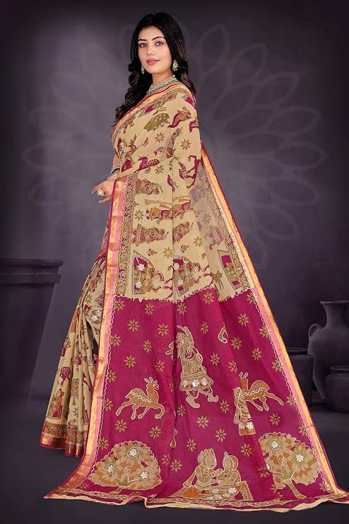 Women's Beige Banarasi Silk Saree with Magenta Pallu | Wed Couture