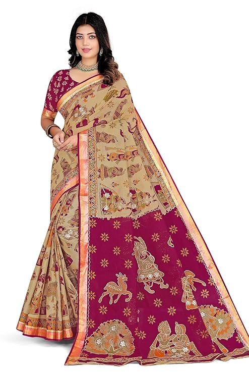 Pure Cotton Saree for Women with Hand Aari Work & Mirror Work | Traditional Warli Printed Saree with Zari Border | Ethnic Festival Wear Saree with Unstitched Blouse Piece