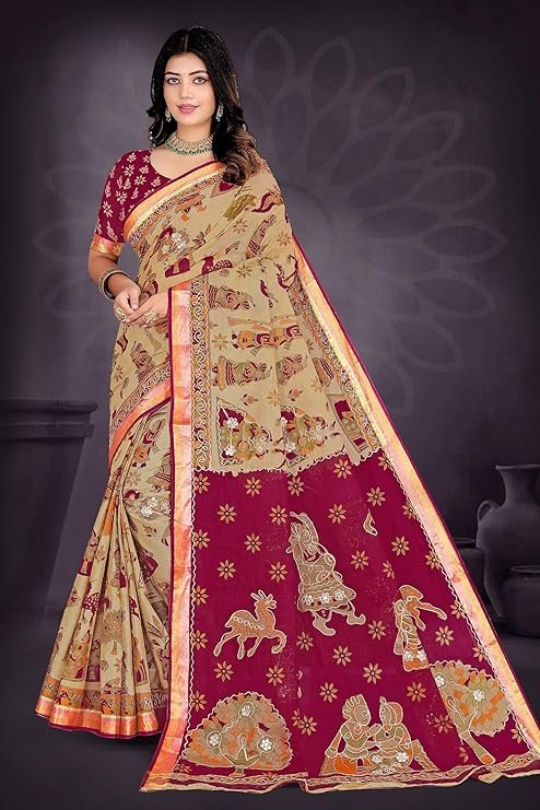 Women's Beige Banarasi Silk Saree with Magenta Pallu | Wed Couture